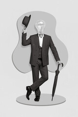 Vertical collage picture of dandy man wear red suit hand hold hat greeting light bulb instead head...