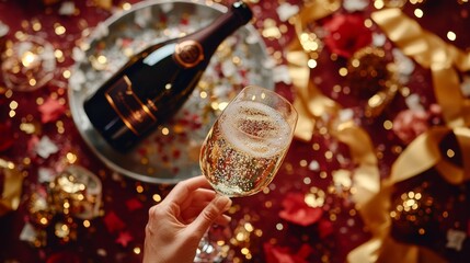 A table with champagne, confetti, and party decorations, with gold accents