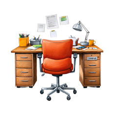 Watercolor of an Empty Office Chair in Front of Desk