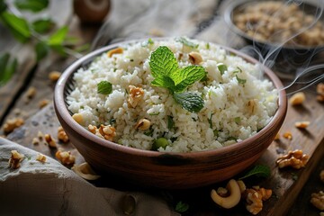 A bowl of rice with walnuts and mint