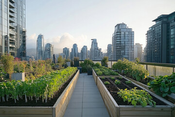 Fototapeta premium Urban rooftop garden thriving amidst skyscrapers, showcasing sustainable city living.