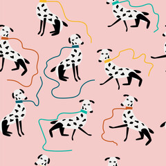 Childish seamless pattern with cute dalmatians in Scandinavian style. Vector illustration. It can be used for nursery, apparel, wallpaper, textile, and print.