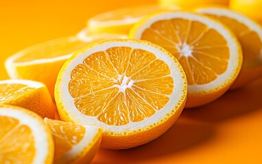 Close-up of sliced oranges arranged in a row on an orange background.