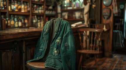 Obraz premium Green jacket with shamrock decor in traditional Irish pub