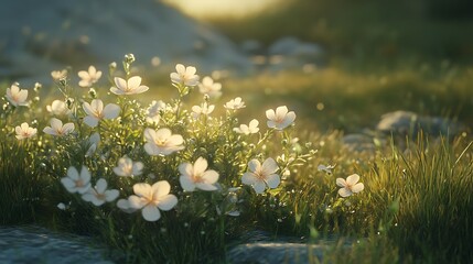 Sunlit white wildflowers blooming in a grassy meadow amongst rocks at sunset.