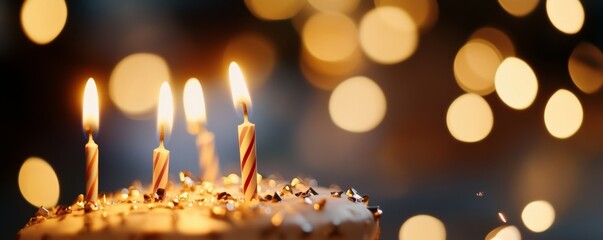 A beautifully decorated birthday cake topped with candles, glowing softly against a backdrop of festive bokeh lights, capturing the joy of celebration.