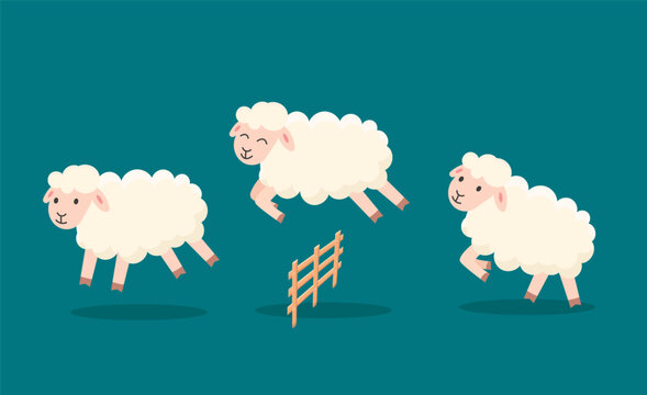 Counting sheep to fall asleep vector illustration. Cute cartoon sheep jumping over fence. Good night sleep metaphor