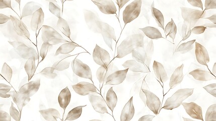 Watercolor seamless pattern with beige leaves and branches on white background.