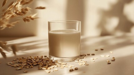 Glass of oat milk with oat flakes on beige surface.