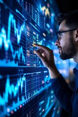 Fototapeta premium Businessman Analyzing Financial Data on Interactive Screen, Stock Market Trading Concept