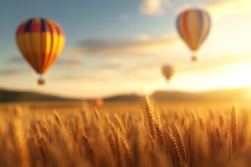Fototapeta premium A breathtaking view of colorful hot air balloons floating over a golden wheat field at sunset, capturing the essence of adventure and tranquility.