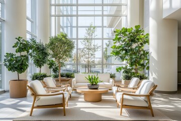 Obraz premium Modern, bright lobby with white armchairs, wooden coffee table, and lush potted plants near large windows.