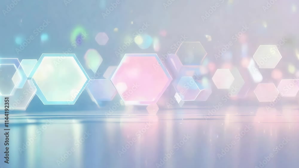 Poster pastel-colored hexagonal shapes hover above a reflective surface, creating a futuristic and technolo