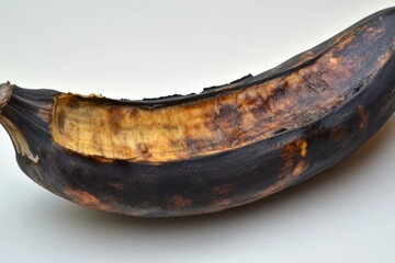 Fototapeta premium Rotten fruits encounter a split open banana with blackened skin captured in a clean environment detailed close-up view for nature enthusiasts