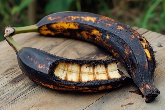 Ripe banana decay kitchen table food photography indoor setting close-up view concept of rotten fruits and food waste - Powered by Adobe