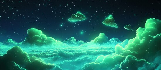 Fototapeta premium Glowing green clouds at night with stars.