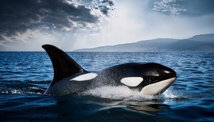 Fototapeta premium Majestic Orcas in Stunning Underwater Scene – Perfect Marine Wildlife Art