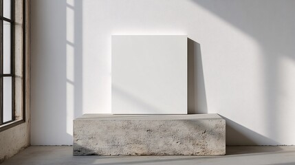 Simple blank white box on a white wall, ideal for creative design, branding, or minimalist presentations in a neutral setting.