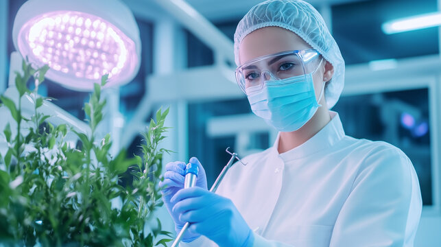 A professional dentist assembling a suction device, wearing gloves and a mask, with a backdrop of a modern clinic featuring sleek cabinetry and high-tech lights
