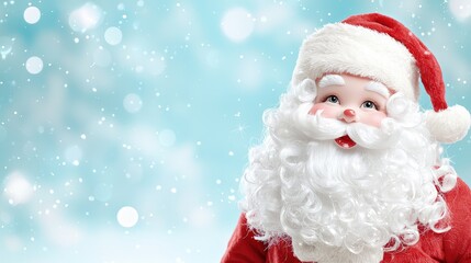 Cheerful Santa Claus doll against a snowy background.