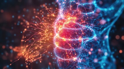 Obraz premium Digital artistic rendering of sharp abdominal pain spreading outward with exaggerated neural and organ connections glowing intensely, digital pain concept, abdomen visualization