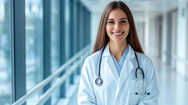 A professional doctor in a white coat, stethoscope around their neck, smiling warmly while standing in a spacious hospital corridor, with natural light streaming through large wind