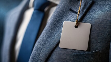 Blank name tag mockup on a suit, ideal for business events or conferences, showcasing a clean, minimalist design for identification.