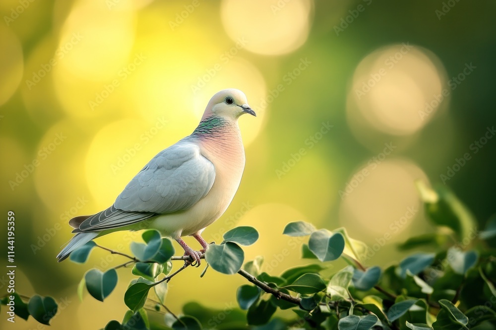 Aufkleber dove rests on branch with soft bokeh light.