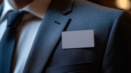 Simple blank name tag on a suit, ready for personalization, ideal for business events or professional gatherings.