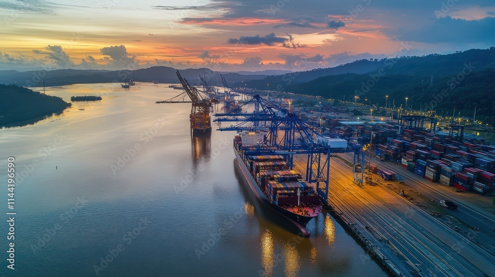 Poster port with ship loading during sunset.