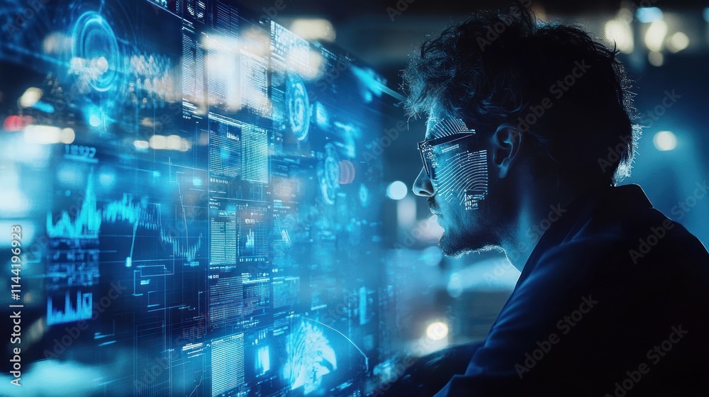 Poster Man views data on futuristic display.