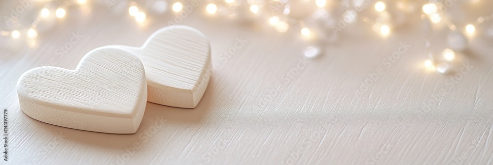 Poster Two hearts on light surface with soft bokeh lights.