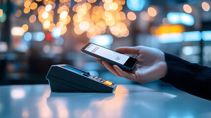 A customerâs hand using NFC technology on their smartphone to make a payment, the terminal glowing softly in a brightly lit store environment with minimalist decor