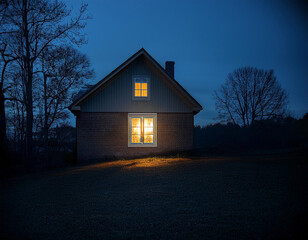 Cozy house illuminated at night with warm light glowing from windows near a quiet wooded area