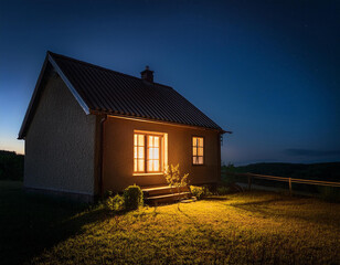 Obraz premium Cozy house illuminated at night with a tranquil landscape under a dark blue sky in the countryside