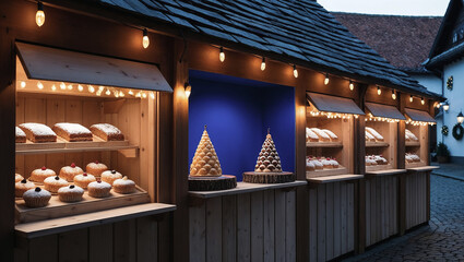 Festive bakery stalls display assorted pastries and desserts in evening light at a quaint marketplace