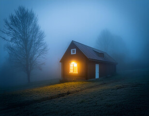 Mysterious cabin illuminated by warm light in a foggy landscape at dawn