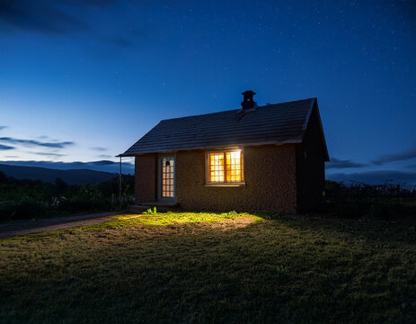 Cozy rural cottage illuminated at dusk among tranquil nature and starry sky