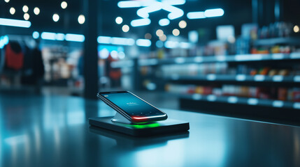 A detailed view of a glowing NFC terminal as a smartphone is held over it, with the checkout area featuring clean lines and neatly displayed merchandise