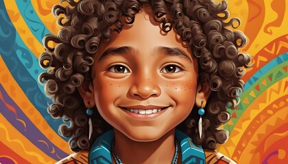 Radiant Smile of a Young Indigenous Child with Curly Hair, Embracing Cultural Heritage