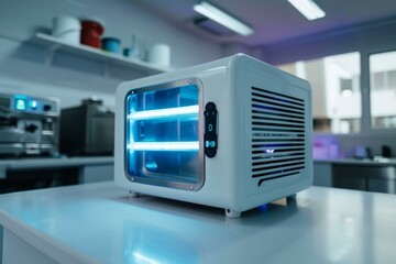 Uv sterilizer machine standing on table and disinfecting tools in beauty salon
