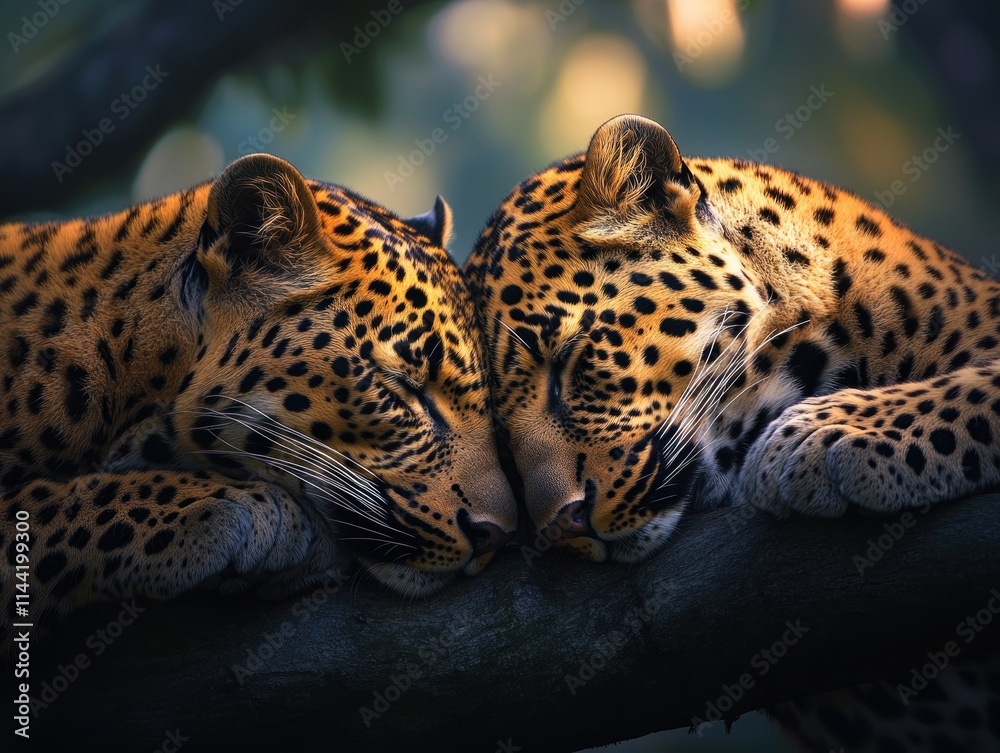 Poster two leopards sleep side by side on a tree branch.