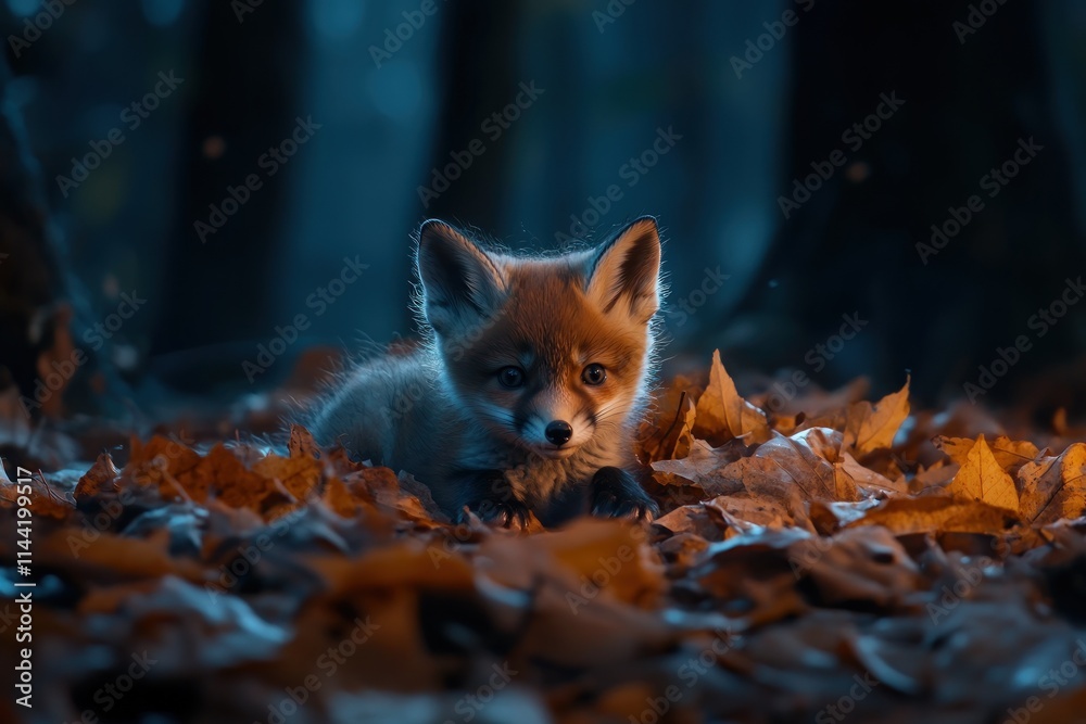Aufkleber fox kit resting on autumn leaves in forest with dark blurred background.
