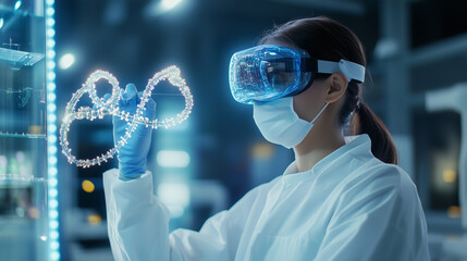 A protective-gear-clad scientist manipulating a suspended model of a DNA double helix using a virtual reality interface, with the labâs sleek design illuminated by soft blue light