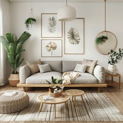 Modern living room minimalist aesthetic featuring gray sofa wooden coffee table botanical art surrounded plants woven accents