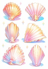 Delicate collection six seashells each unique shape size arranged against white background soft pastel hues delicate sparkles exuding tranquility elegance