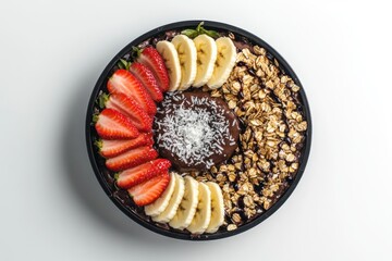 Acai bowl with fruit, granola, and chocolate drizzle, overhead view.