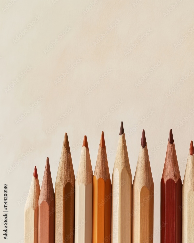 Poster close up view of aligned color pencils on surface.