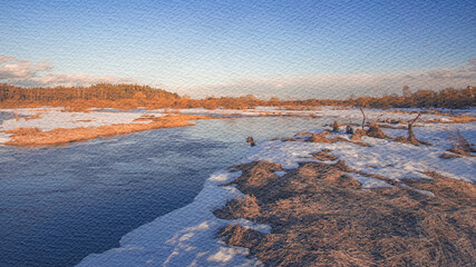 Snowy landscape with a river and a few trees