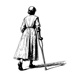 a lady is walking with a crutch